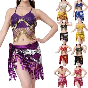 Womens Belly Dance Costume Glittery Halter Lace-up Crop Top Skirt 2-piece Set - Picture 1 of 109