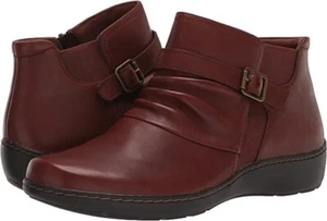 Clarks Women's Cora Rouched Ankle Boot Dark Brown Leather NWT in Box - Picture 1 of 7