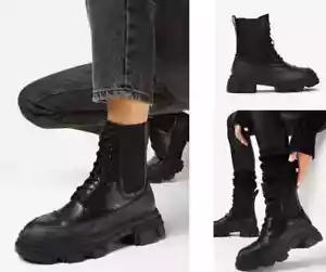 DAMEN FRAUEN SCHWARZ WINTER WARM SCHUHE SCHNÜRSTIEFEL ARMY BIKER PLATEAU KLOBIG - Bild 1 von 6