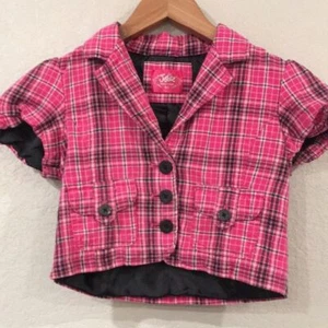 Justice Girls Sz 12 Jacket Pink and Black Cropped Plaid Flannel Preppy 90s Y2K - Picture 1 of 10