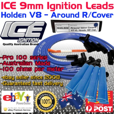 ICE PRO 100 9mm Spark Plug Leads V8 Holden HT-VL Around R/Covers HEI + Sleeves - Image 1 of 4