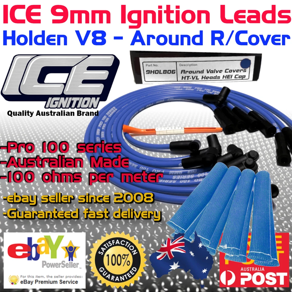 ICE PRO 100 9mm Spark Plug Leads V8 Holden HT-VL Around R/Covers HEI + Sleeves - Image 1 of 4