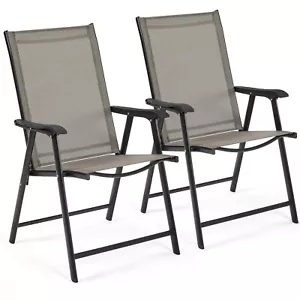 Set of 2 Lawn Outdoor Folding Chairs Yard Patio Dining Chairs Metal Frame,Brown - Picture 1 of 6