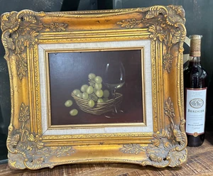 Vintage Green Grapes & Glass of Wine Still Life Painting By David L Burggraf - Picture 1 of 6