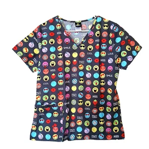 Smiley World Scrub Top Damen Größe S Emoji Print Kurzarm V-Ausschnitt Valentinstag. - Bild 1 von 10