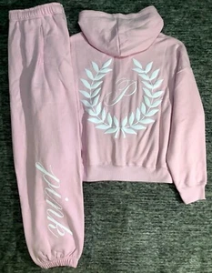 Victoria's Secret rosa oversize full zip felpa con cappuccio + set pantaloni palestra primavera orchidea L - Foto 1 di 14