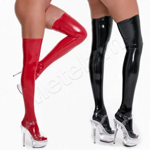 Women's Shiny Wet Look Thigh High Stockings Faux Leather Thigh-Highs Long Socks - Picture 1 of 12
