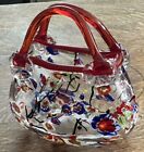 Murano Style Hand Blown Floral Art Glass Red Handled Handbag
