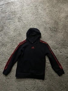 ADIDAS Boys Hoodie Size 8 Black With Red Stripes 80% Cotton 20%poly Preowned - Picture 1 of 5