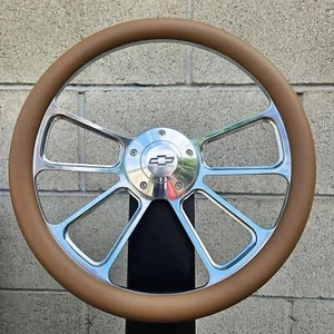 14" Billet 4 Spoke Steering Wheel w/ Tan Vinyl Wrap and Licensed Chevy Horn - Picture 1 of 4
