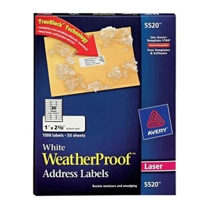 Avery 5520 perm address labels white laser 1 x 2 5/8 waterproof trueblock 1,500 - Picture 1 of 11