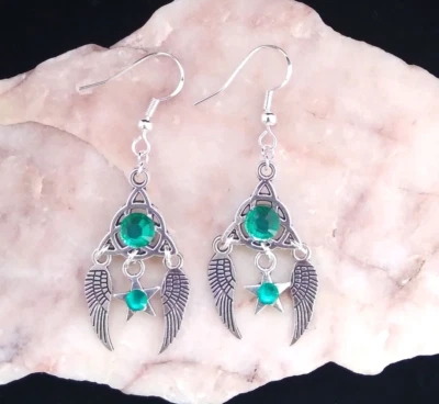 Green 3D Diamante, Celtic Knot, Angel Wings & Star, 925 Silver Hook Earrings Foto 1 de 4