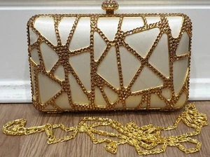 Designer Cream Satin Gold Crystal Embellished Evening Clutch Shoulder Bag Purse - Picture 1 of 9