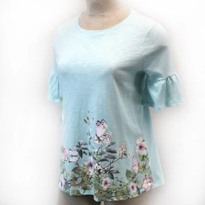Lane Bryant Plus Blue Cotton Flowers Buttrflies Crew Neck Tunic Top Blouse 14/16 - Picture 1 of 9