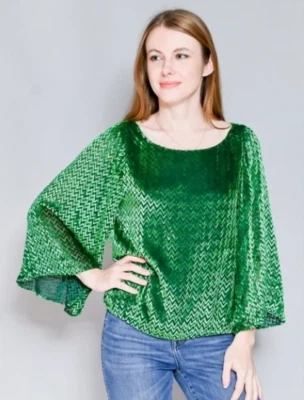 Top Alice + Olivia Mujer Terciopelo Chevron Rayas Manga Campana Talla S Seda Retro Foto 1 de 4