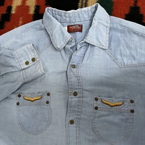 Vintage Wrangler Mens Chambray Snap Shirt XL Blue Rapid Transit Embroidered USA - Picture 1 of 12