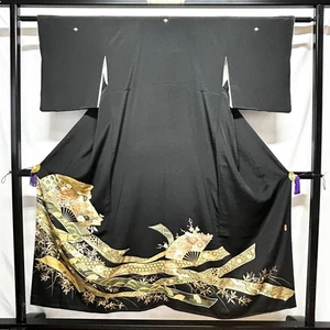 Kimono Tomesode with Gold Embroidery & Peony Design, Black, Approx. 149.5cm - Picture 1 of 20
