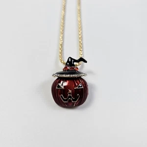 Betsey Johnson Sparkling Halloween Necklace Dark Orange Rhinestone Pumpkin W/Hat - Picture 1 of 3