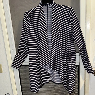 Lands' End Long Jacket Open Front Striped White Navy Blue Size XL Nautical - Image 1 of 4
