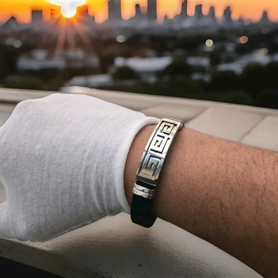 VERSACE-INSPIRED MEN’S SILVER BRACELET GREEK KEY DESIGN | LUXURY JEWELRY GIFT — 第 1/4 张图片