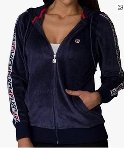 Fila Damen Velour Navy Zip Up Hoodie mit Logo Ärmeln Trainingsjacke, Gr. Medium - Bild 1 von 12
