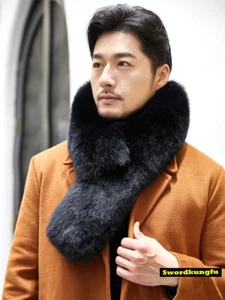 Men's Winter Warm Fur Scarf Whole Skin Real Fox Fur Collar Fur Scarves -Black - Picture 1 of 15