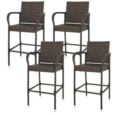 4 Pack Wicker Bar Stools Rattan Chairs w/Iron Frame Armrest and Footrest Brown - Image 1 of 4