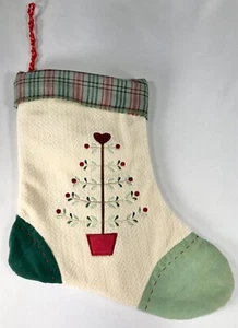 Christmas Stocking White Felt Embroidered Country Heart & Berries Branches Tree - Picture 1 of 3