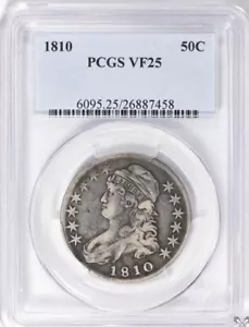 1810 BUSTO CON CAPPUCCIO ARGENTO MEZZO DOLLARO PCGS VF25 DADO RUOTATO - Foto 1 di 4