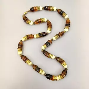 Vintage Bead Necklace Gold Tone Layered Cups Brown Off White 27" - Picture 1 of 13