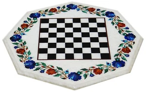18" Marble Chess Table Multi Color Semi Precious Stone Inlay Handmade Decor - Picture 1 of 1