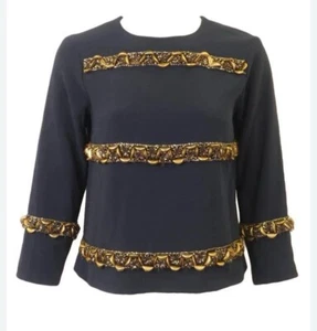 NWT $798 Worth New York Navy Blue Stretch Crepe Beaded Appliqué Blouse Sz M - Picture 1 of 16