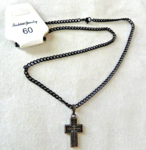 RUSSIAN CROSS SM OLD BELIEVERS Black Chain Necklace Dark Silver Tone orthodox - Picture 1 of 7