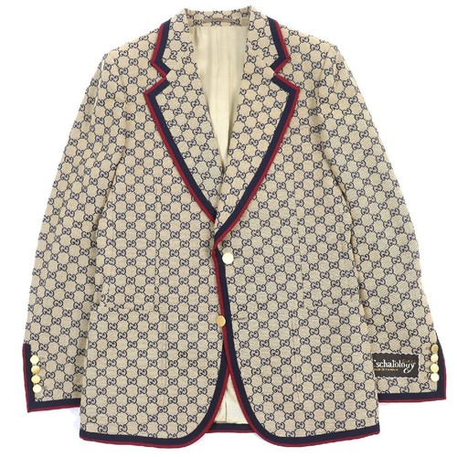 GUCCI Escatology GG Giacca Monopetto Tela Beige Navy Rosso 48 Italia