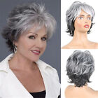 Women Natural Short Silver Grey Mix Straight Curly Pixie Cut BOB Hair Wig`