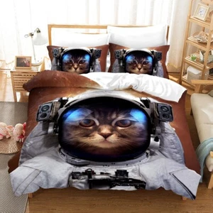 3D Astronaut Cat Quilt Cover Set Duvet Cover Bedding Pillowcases - Picture 1 of 4