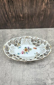 Antiguo cuenco de pan de porcelana de Silesia pintado a mano diseño perforado **RARO HALLAZGO** - Imagen 1 de 10