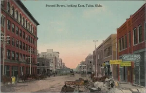 c1910 Second Street Tulsa Oklahoma trolley horse buggy signs store postcard C440 - Picture 1 of 2