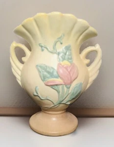 Vtg Hull Art USA 2 Handled Vase USA 6.25” Wild Flower Yellow Pink Rose - Picture 1 of 12