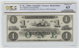 1860's $1 Remainder - Newport, Rhode Island PCGS Choice Unc 63 - Picture 1 of 2