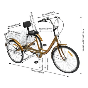 24" 6 Speed Adult Tricycle 3Wheel Trike Cruiser Bike w/Basket for Shopping Gold - Picture 1 of 13