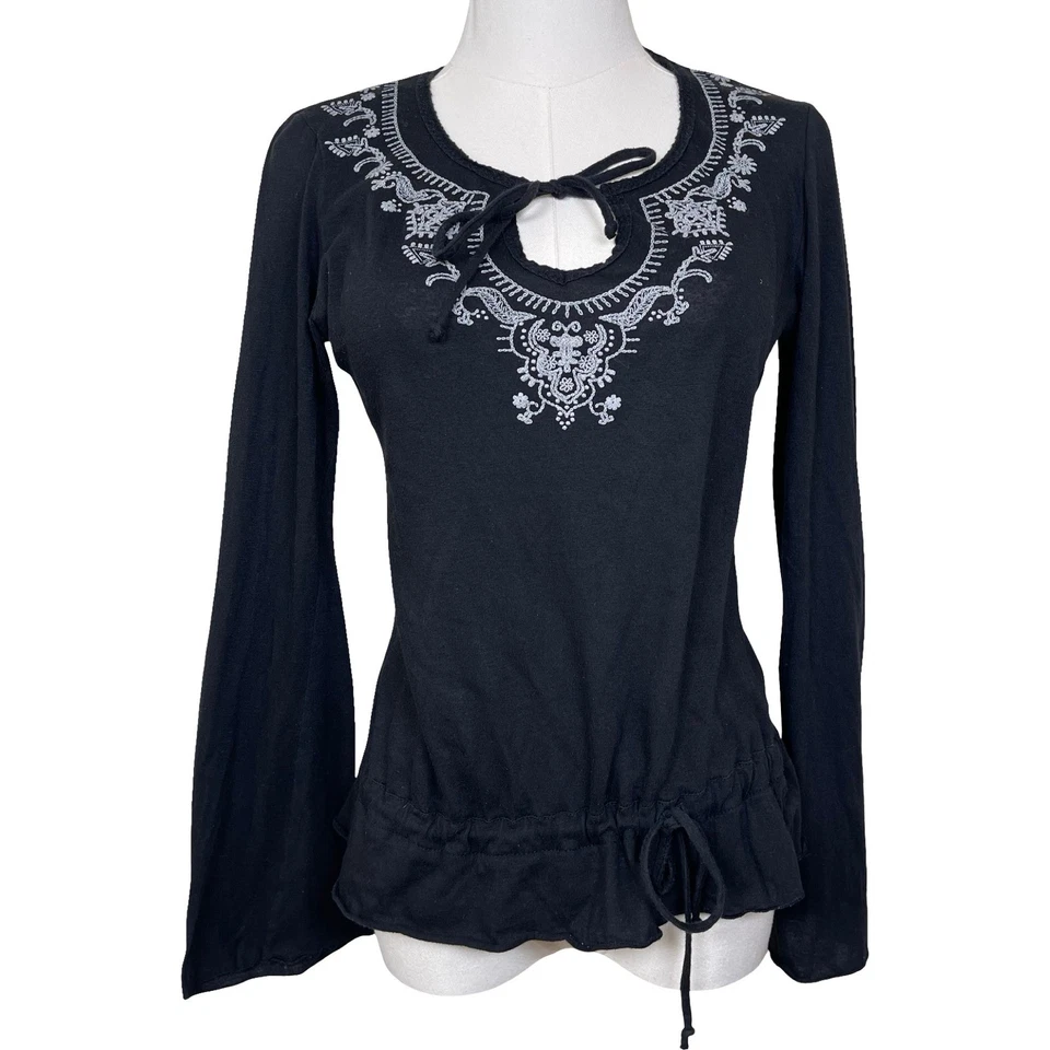 Vintage No Boundaries Black Embroidered Blouse M Tie Neck Bell Sleeve Y2K Boho - Image 1 of 4
