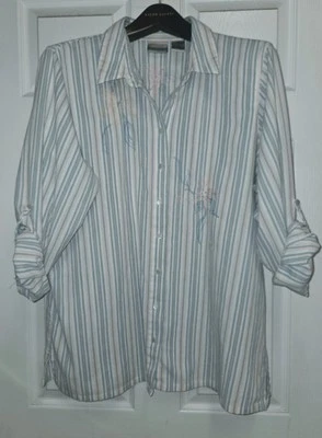 Camisa listrada bordada azul branca pêssego NAPA VALLEY aba rolo botão para cima 1X  - Imagem 1 de 4