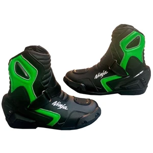 Ninja Green Black Motorbike Racing Leather Boots Motorcycle Riding Biker Shoes - Picture 1 of 7
