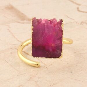Fancy Shape Dark Pink Color Crystal Agate Gold Plated Handmade Adjustable Ring 