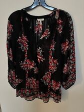 Joie Womens M Black Floral Sheer 3/4 Sleeves Button Front Silk Blouse