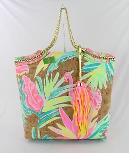 Lilly Pulitzer Women's NWT Beige Multicolor Floral Print Faux Cork Tote Handbag