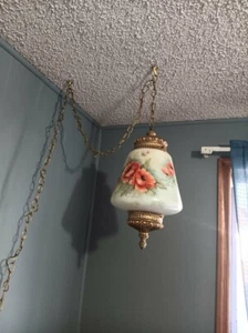 Vintage Swag Lamp Frosted Glass Hand Painted Bell Shape - Picture 1 of 6