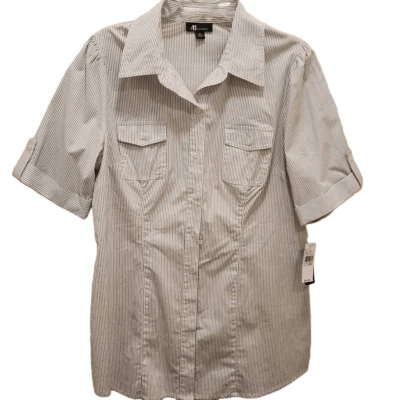 AB Studio Striped Button Front Blouse Woven Watch Pattern Women's Size XL Cotton - Image 1 of 4