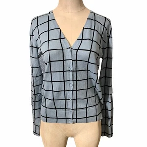 Ann Taylor Loft Cardigan Sweater Light Blue Windowpane Check V-Neck Sz SP - Picture 1 of 7